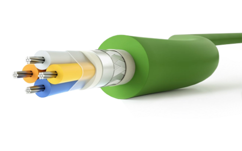 Vier schmale Kabel in den Farben orange, gelb, blau und weiß bilden zusammen ein großes, grün isoliertes Kabel.